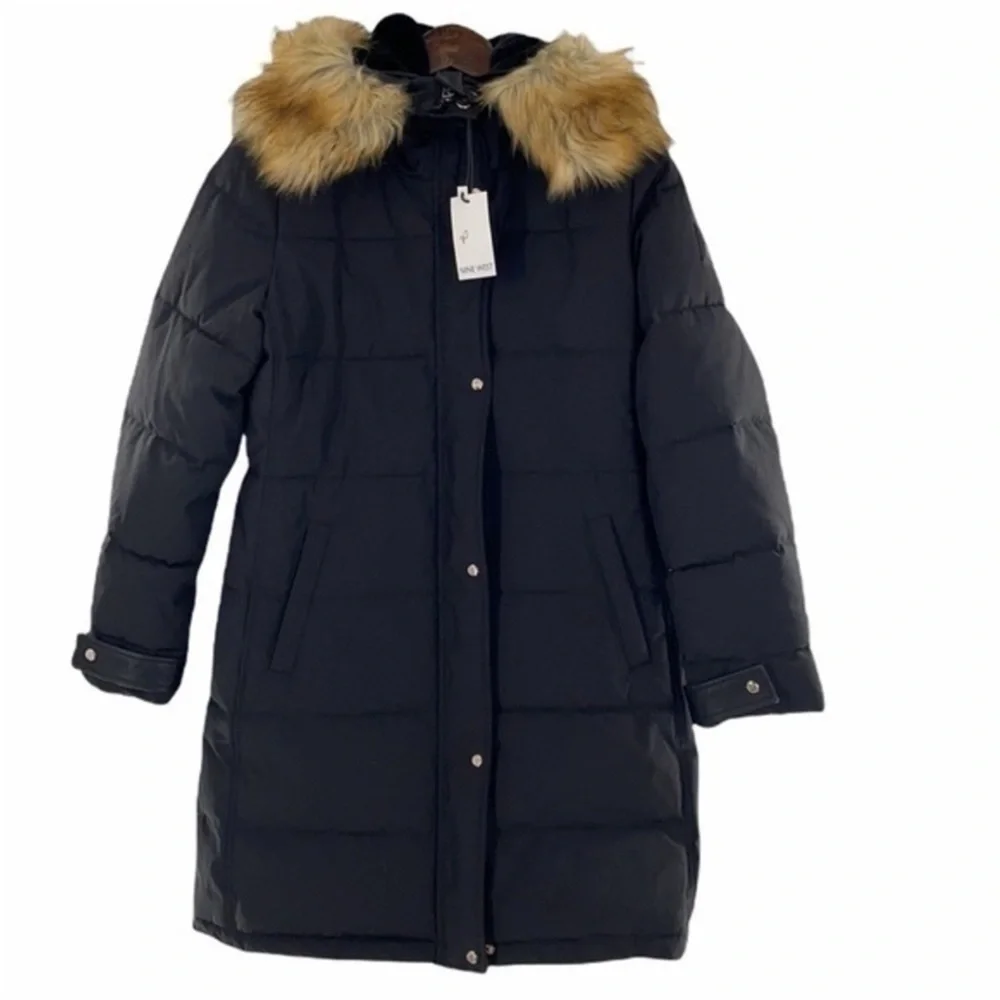 NINE WEST black faux fur trim hooded quilted parka coat